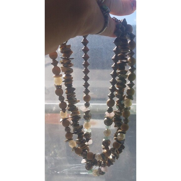 18" 3 strand vintage pearl and abalone with wood and silvertone bead necklace - Picture 9 of 12